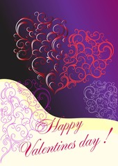 Postcard with Valentines day, violet background, milk-yellow, big, patterned  heart,red.