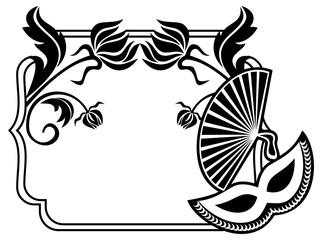 Silhouette frame with carnival masks and abstract flowers. Vector clip art.