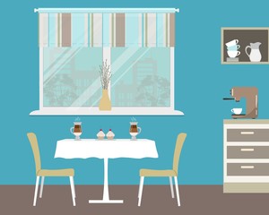 Kitchen in a turquoise color. There is a table, two beige chairs, shelves, a coffee machine on a window background in the picture. Vector illustration.