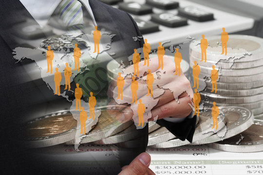 Double Exposure Businessman putting euro banknotes in suit pocke