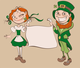 St. Patricks Day Festival. Young woman and man holding banner