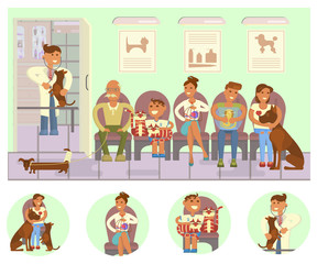 Veterinary clinic interior. Turn to the veterinarian. Doctor treats a dog, people with pets are waiting. Boy and cats, senior and dachshund, boy and snake, girl and mastiff. Vector illustration eps 10