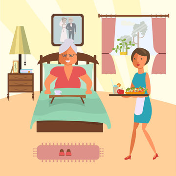 Elderly woman lying in bed in a hotel room. Maid brings lunch. Vector illustration eps 10