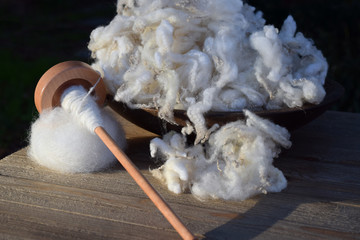 Wood bowl filled with raw sheep fleece and a drop spindle wrapped with handmade yarn made from wool.