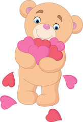 Cartoon teddy bear hugging bunch of heart