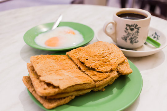 Traditional Singapore Breakfast Called Kaya Toast, Crispy Bread