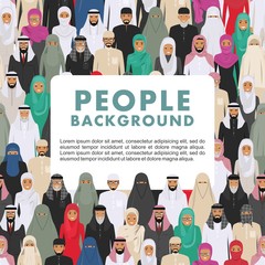 Seamless pattern social concept of people communication in flat style. Group young and old muslim people standing together in different traditional islamic clothes in flat style. Arab men and women.