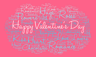 Happy Valentine's Day word cloud on a pink background. 