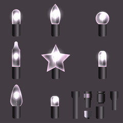 Set of white shining garland lights with holders isolated on background. Christmas, New Year party decoration realistic design elements. Glowing lights for Xmas. Holiday greeting design.