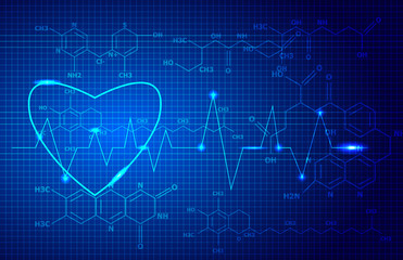 Blue abstract vector background for medical concept. Heartbeat and chemical bond vector background