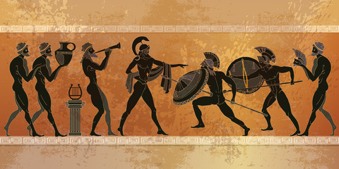 Ancient Greece scene. Black figure pottery - obrazy, fototapety, plakaty