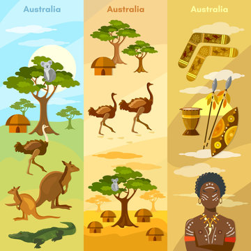 Australia travel banner. Animals and people of Australia, bushme