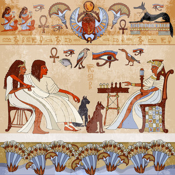 Murals ancient Egypt.scene. Egyptian gods and pharaohs
