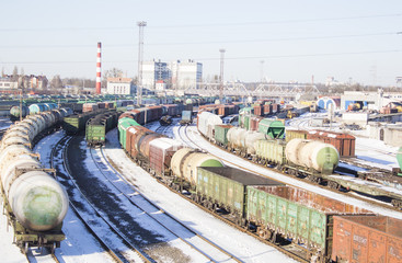 industrial view with lot of freight railway trains waggons