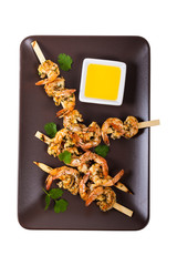 Grilled Shrimp Skewers Appetizer Isolated on White background. Selective focus.