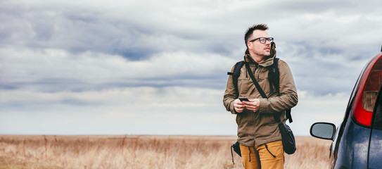 Hiker using smart phone outdoor