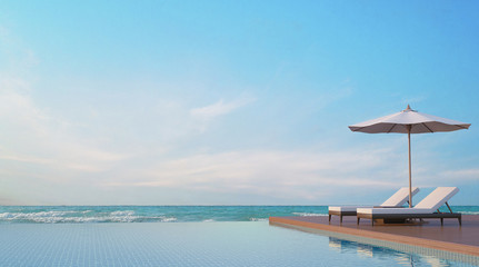 Pool terrace with sea view 3d rendering image,A place surrounded by the sea ,There are wood floor,rattan sunbed ,fabric umbrella