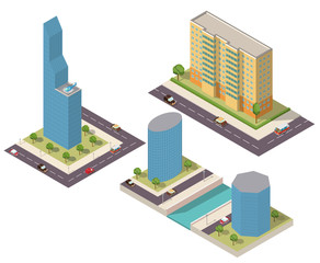 A set of isometric houses and skyscrapers with trees and cars and helicopter.Houses on the river bank.
