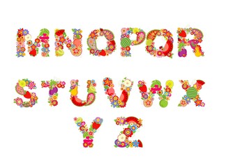 Childish funny vector flowers font with fruits. Summery alphabet, part 2