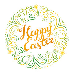 Happy Easter greeting card with freehand lettering and decorative round wreath.