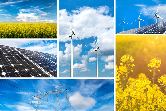 Concept of renewable energy and sustainable resources - photo collage
