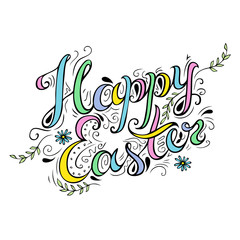 Fototapeta premium Happy Easter card with freehand lettering and decorative flourish elements.