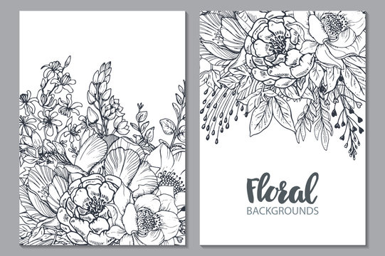 Floral backgrounds with hand drawn flowers and plants