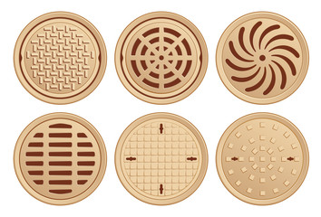 Vector Illustration of various Bronze Manhole Covers. Each Pattern in seperate layer. Easily editable.
