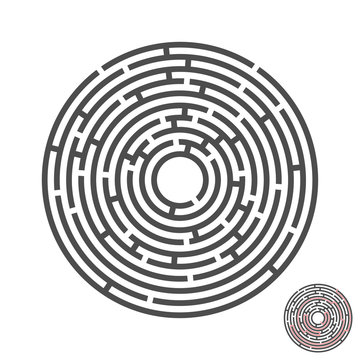 escape circle labyrinth with entry and exit.vector game maze puzzle with solution.Num.02
