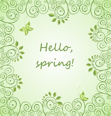 Hello, spring! Spring green card with decorative floral pattern