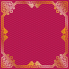 Fototapeta na wymiar Vector oriental vintage gold frame on red pattern background for chinese new year celebration card