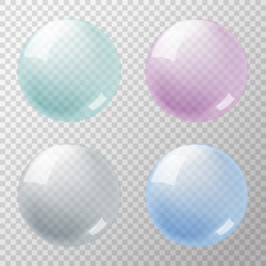 Set of transparent soap bubbles on light gray background in vector format