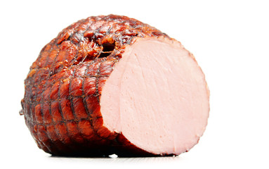 Piece of ham isolated on white background