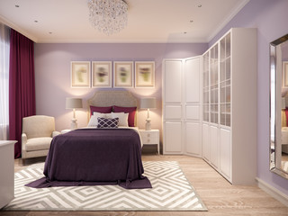 Bedroom interior design in shades of lilac. 3d rendering