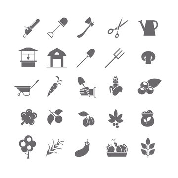 Black icons of farm equipment and products.