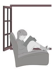 girl sitting near the window and reading a book. vector illustration. 