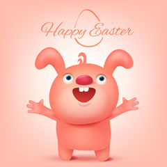 Fototapeta premium Pink funny rabbit character. Happy easter invitation card