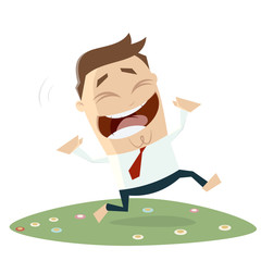 happy businessman running across a flower meadow