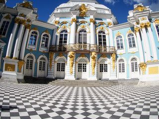 The ornate hermitage building at Tsarskoe Selo in Pushkin outside of Saint Petersburg Russia.