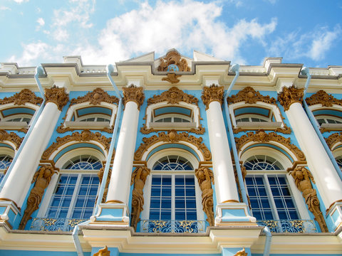 A detail of the ornate facade of Tsarskoe Selo (Catherine Palace) in Pushkin outside Saint Petersburg Russia.