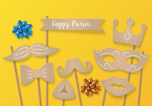 Purim holiday concept with cardboard carnival mask, mustache and