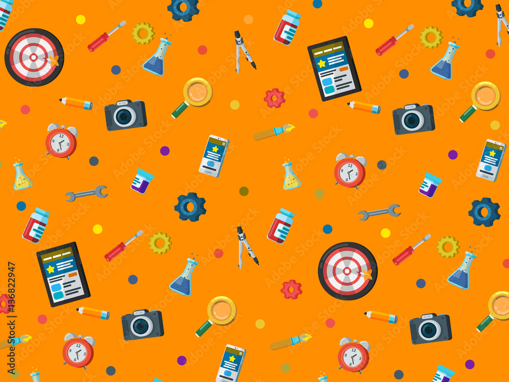 Poster a set of elements on a orange background. web site development background in flat style. web design,