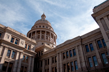 The exterior of the Texas State Capitol building in downtown Austin, Texas.