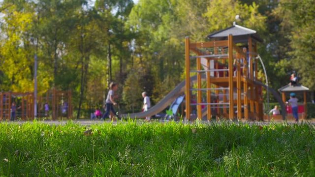 Children and parents having fun on playground in park. Selective focus on foreground, slow motion.