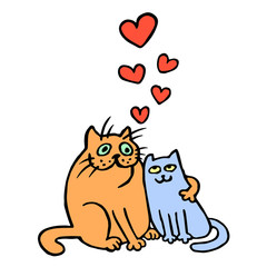 Sweet Enamored Cats. Romantic Mood. Cute Love. Freehand Digital Outline Drawing. Isolated Vector Illustration.