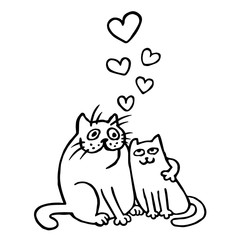 Fototapeta premium Sweet Enamored Cats. Romantic Mood. Cute Love. Freehand Digital Outline Drawing. Isolated Vector Illustration.