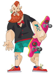 bearded red head hipster with long board skateboard in his hand.