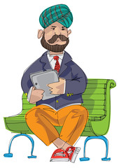 an bearded indian businessman sitting on a bench with tablet computer in his hands
