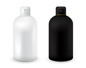 Set of black and white plastic bottle template for shampoo, shower gel, lotion, body milk, bath foam. Ready for your design. Realistic cosmetic container for lotion. Mock up bottle.