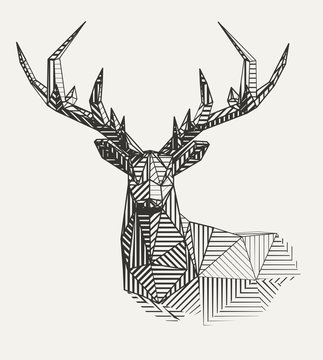Vector low poly line art. Geometrical reindeer illustration. © Kundra